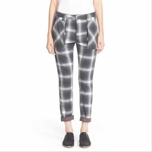 Free People City Slouch Plaid Flannel Utility Pants Grey White 4